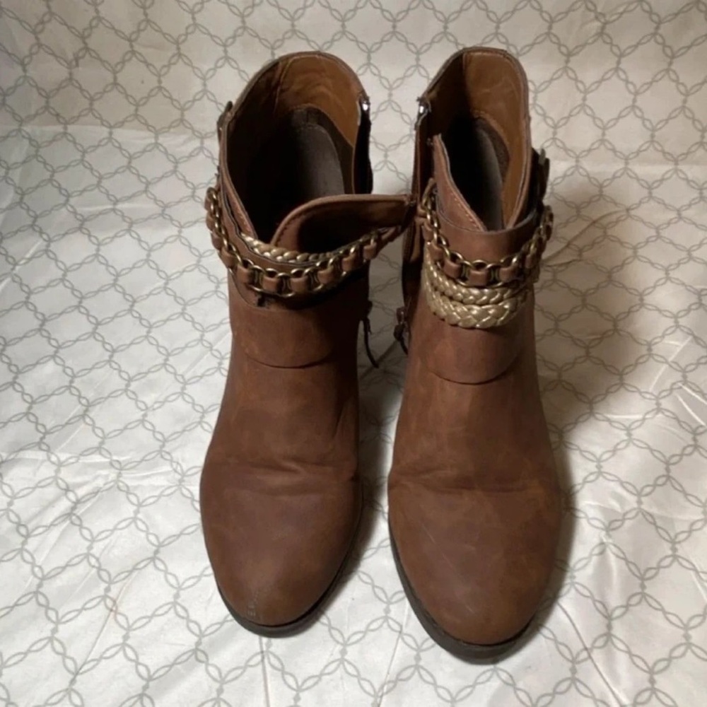 Women's Brown Ankle Booties with Braided and Chain Strap